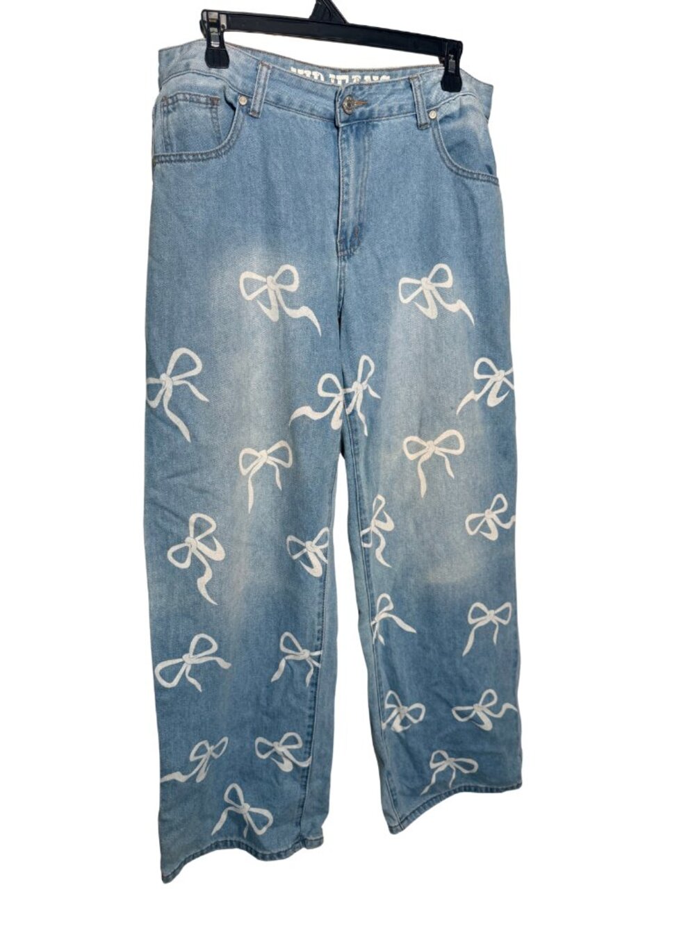 VIP Jeans Bow Print Wide Leg Baggy Jeans Light Wash Coquette Size 13/14  #017